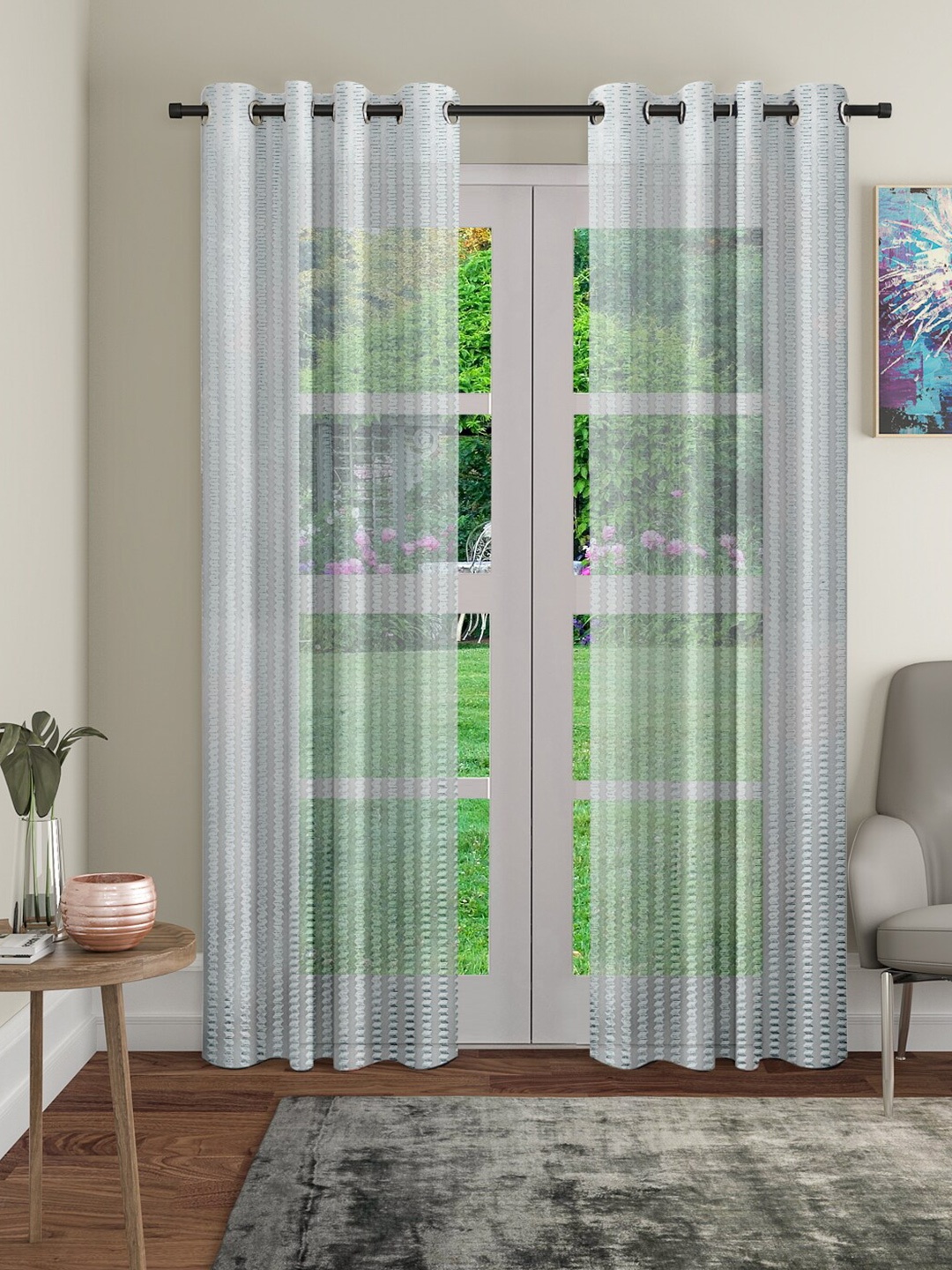 

Cortina Grey Set of 2 Striped Sheer Long Door Curtains