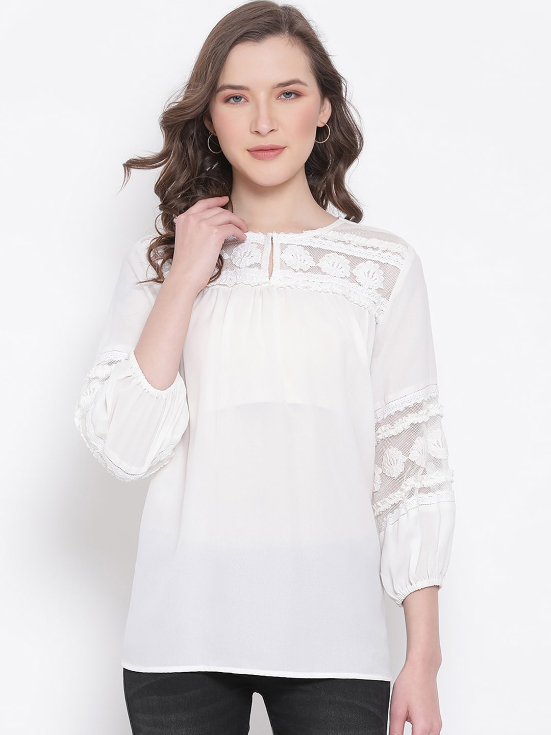 

LY2 Cream Keyhole Neck Lace Regular Top