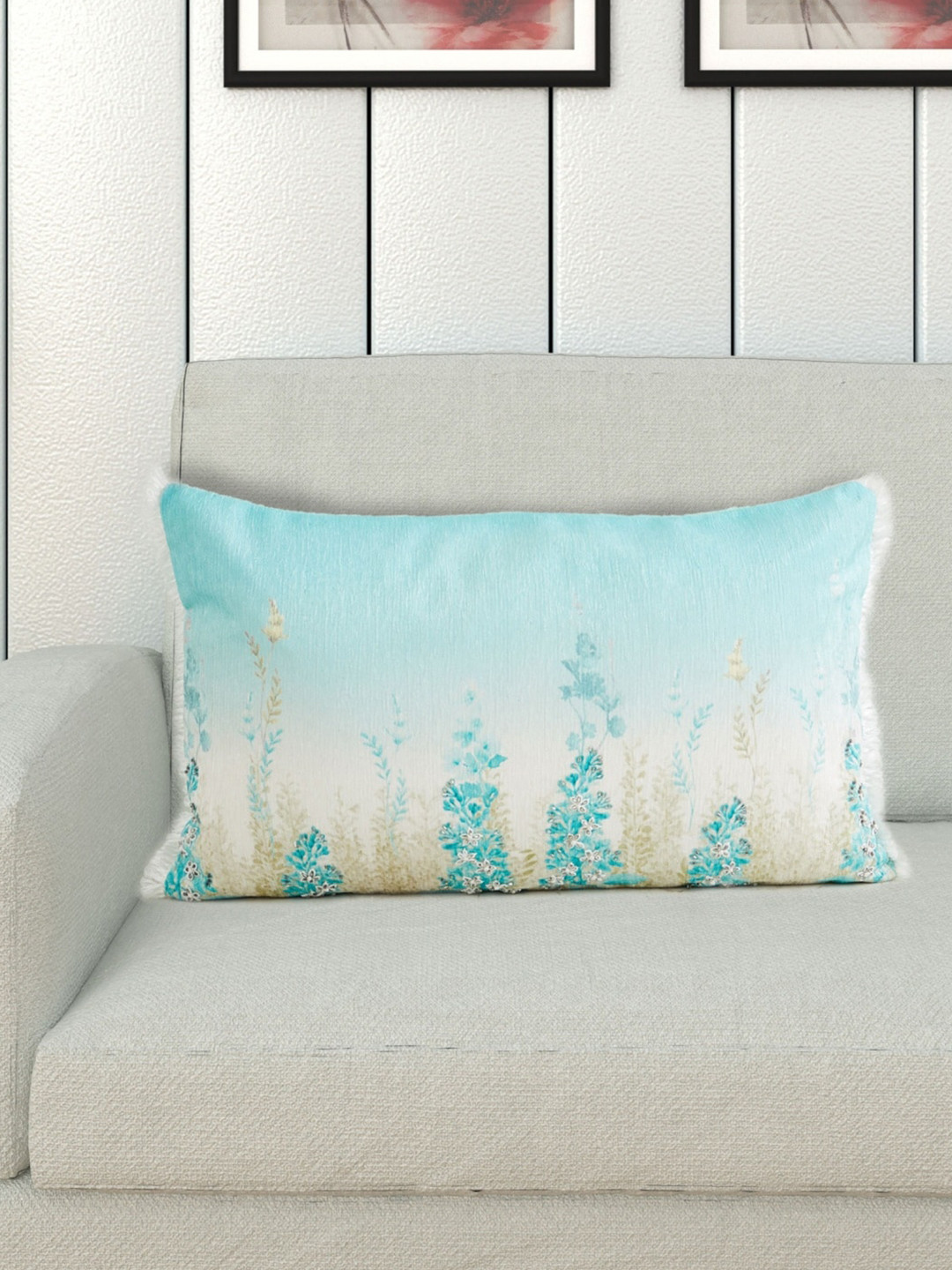 

Home Centre Turquoise Blue & Cream-Coloured Floral Rectangle Cushion Covers