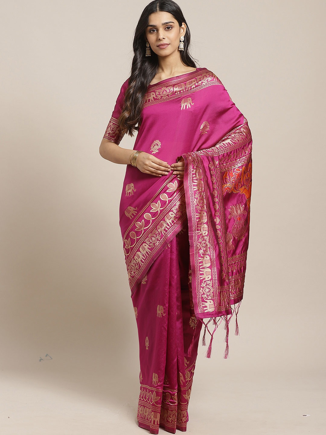 

Saree mall Pink & Orange Floral Silk Blend Banarasi Sarees