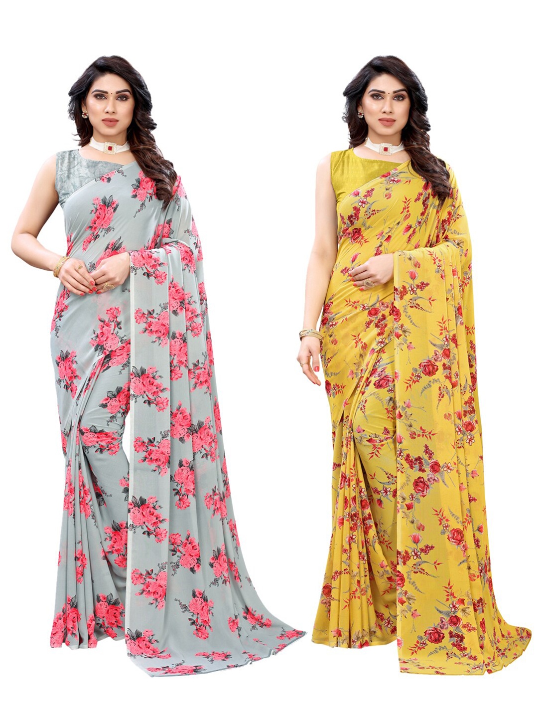 

KALINI Pack Of 2 Grey & Yellow Floral Pure Georgette Saree