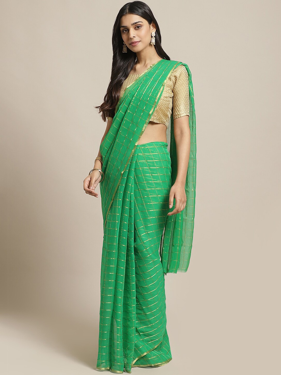 

Saree mall Green & Gold Checked Poly Chiffon Sarees