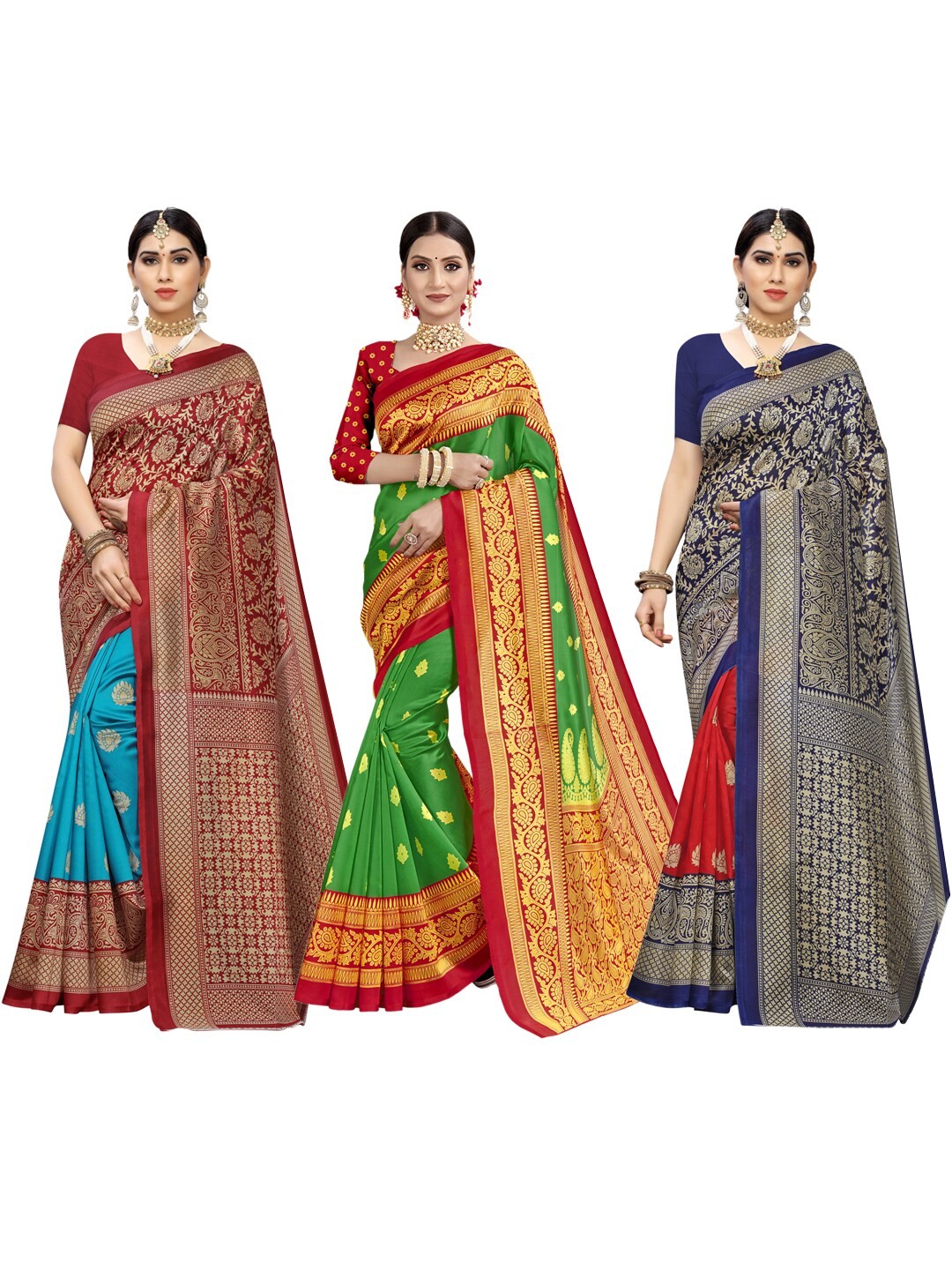 

KALINI Maroon & Green Pack of 3 Ethnic Motifs Saree