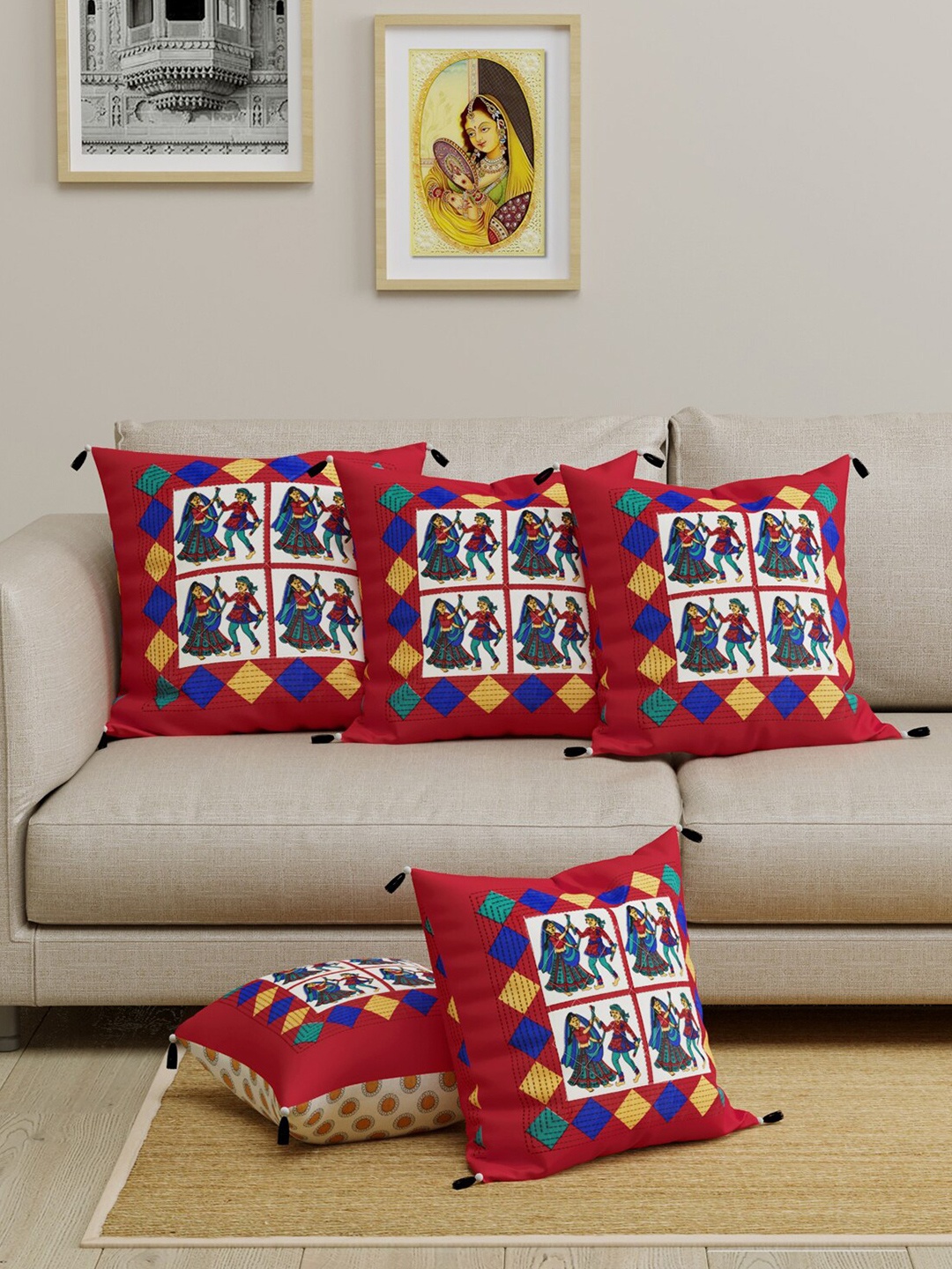 

LIVING ROOTS Red & Blue Set of 5 Ethnic Motifs Square Cushion Covers