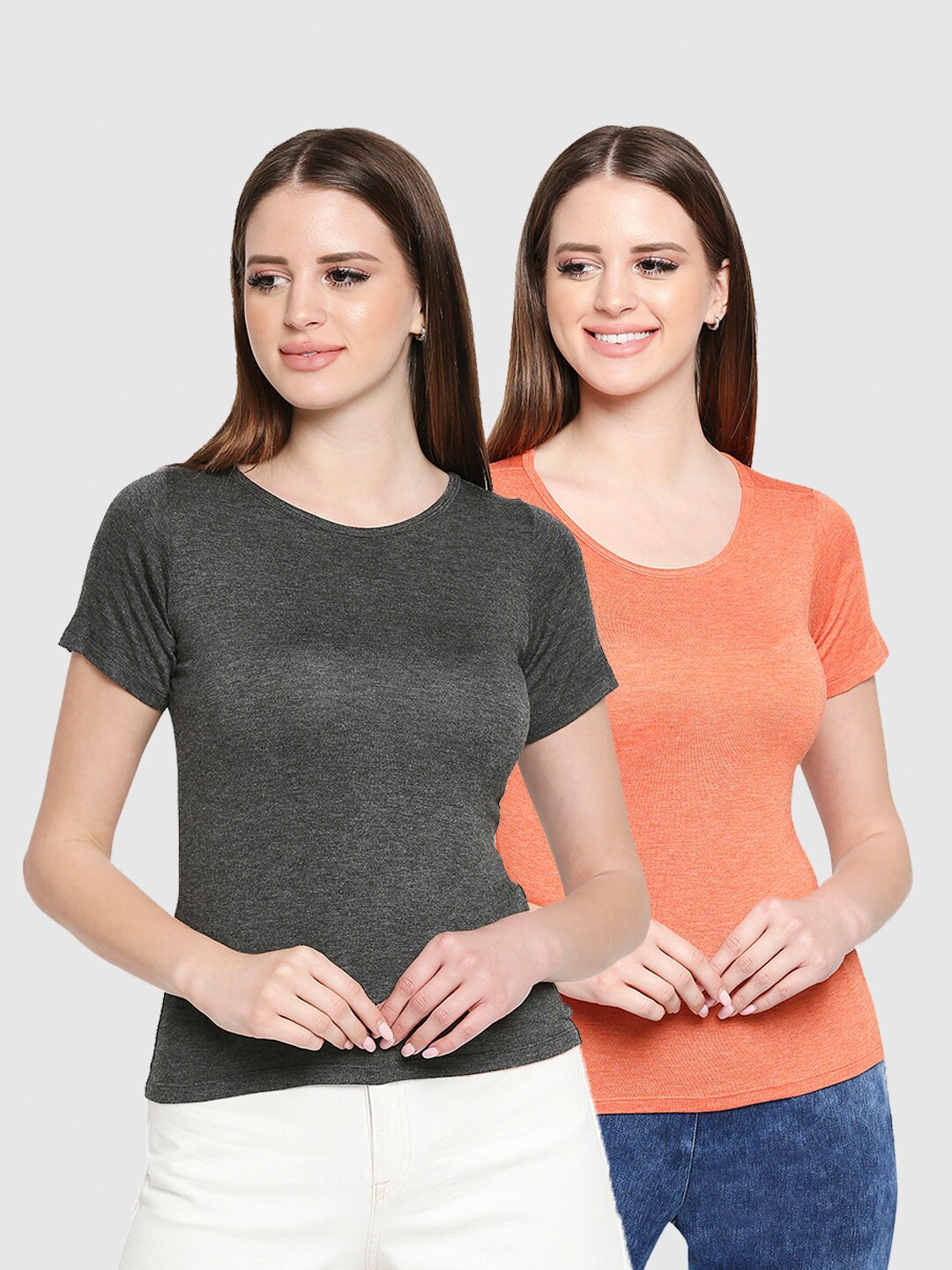 

inocenCia Women Grey Melange & Peach-Coloured 2 T-shirt