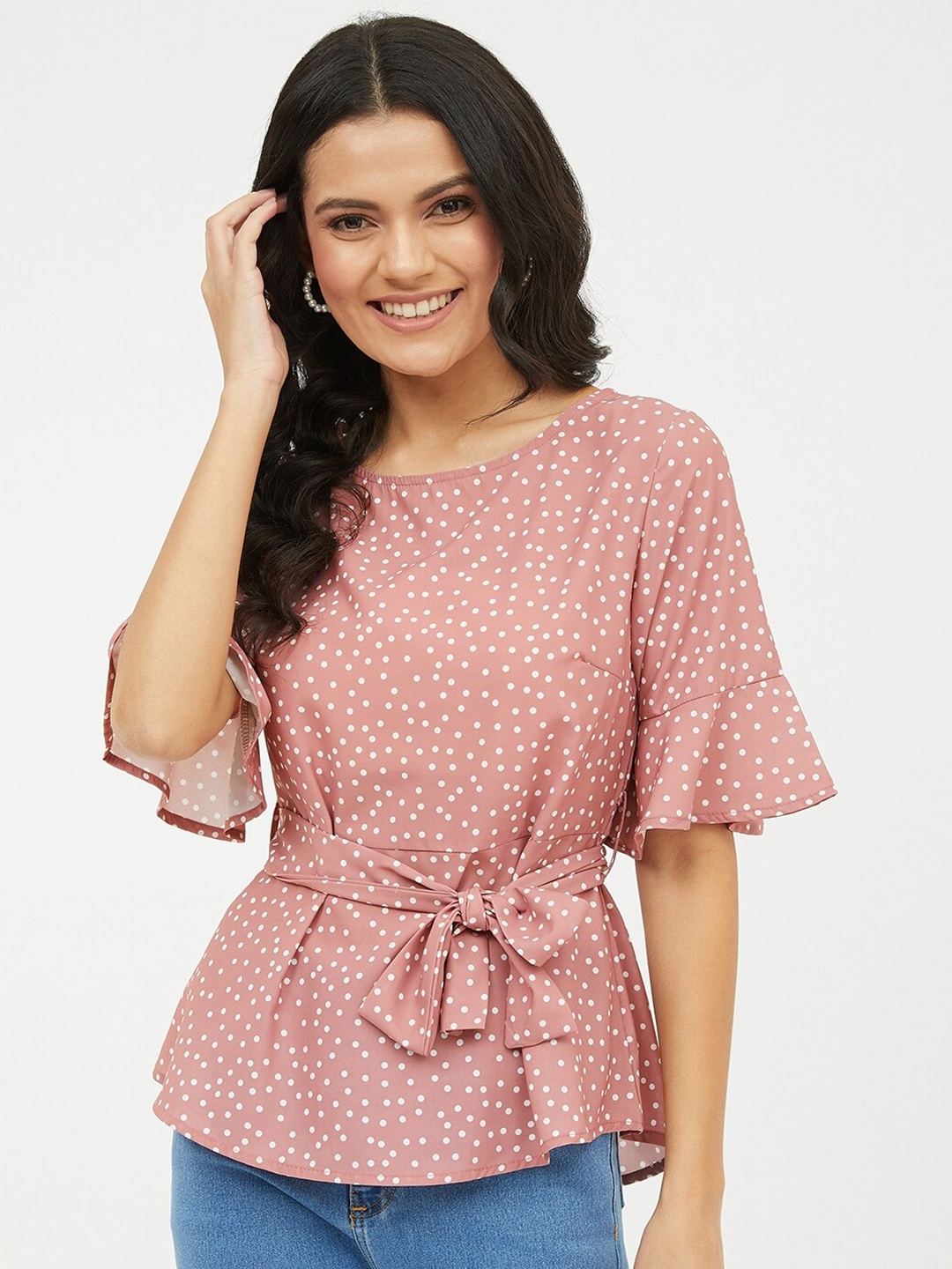 

Harpa Pink Bell Sleeve Crepe Cinched Waist Top