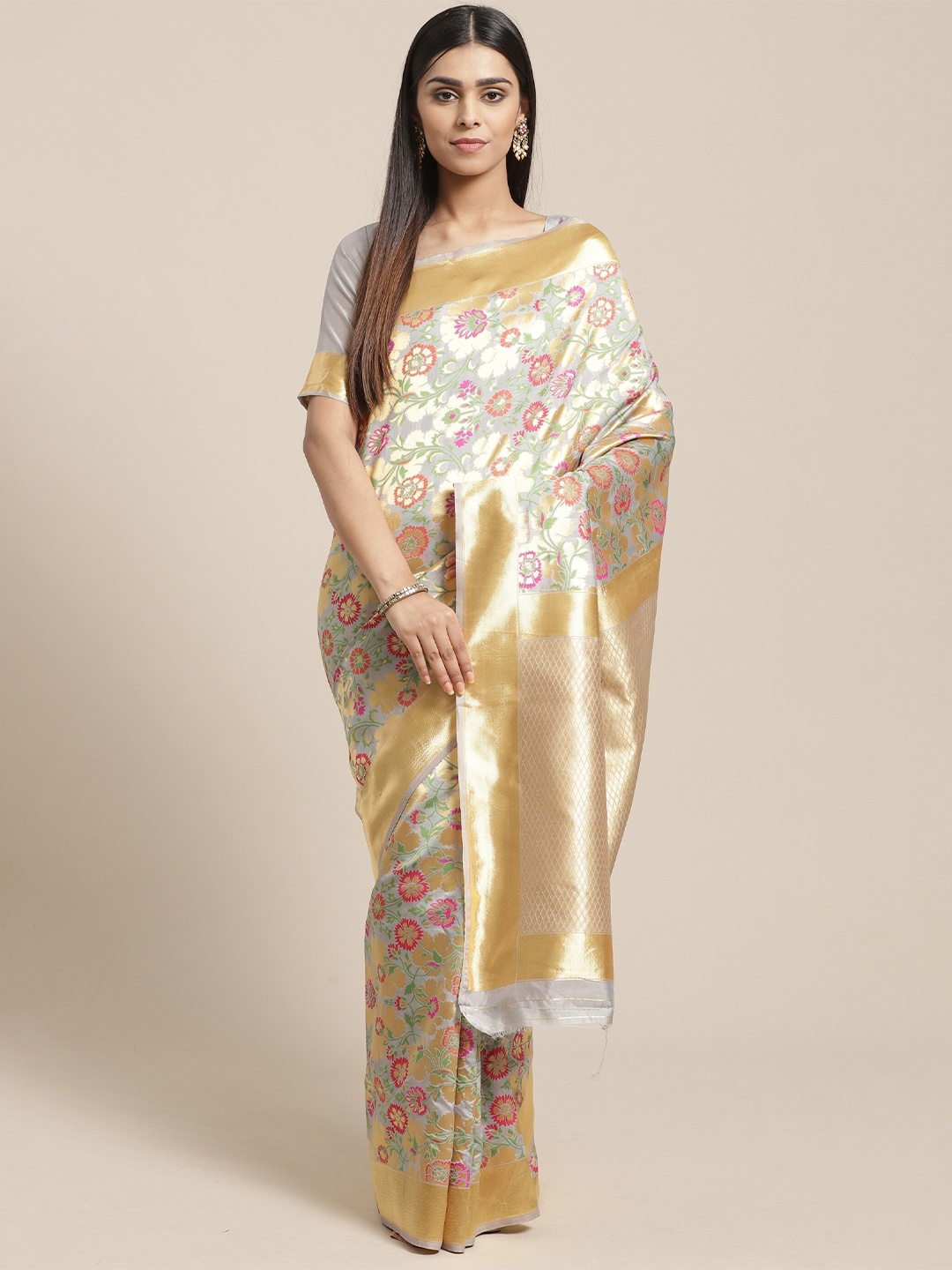 

Saree mall Grey & Gold-Toned Floral Silk Blend Banarasi Sarees