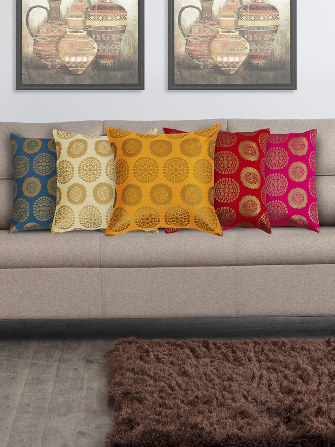 Home Centre Multicoloured Set of 5 Ethnic Motifs Square Cushion Covers, Multi