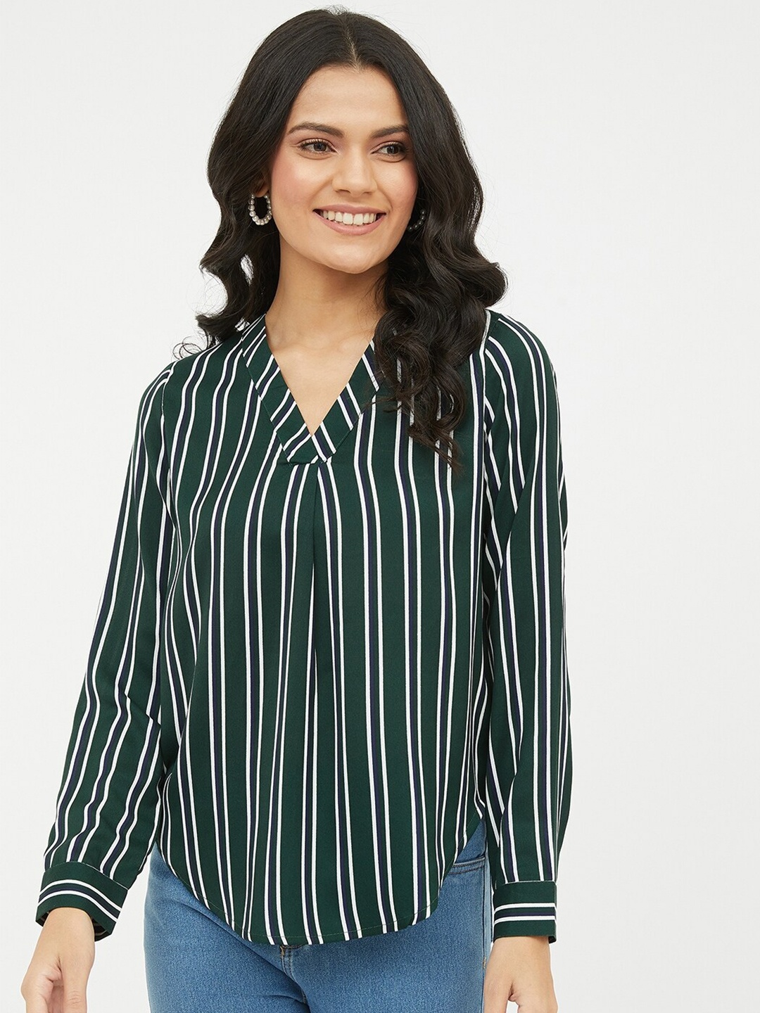 Harpa Women Green & White Striped Regular Top