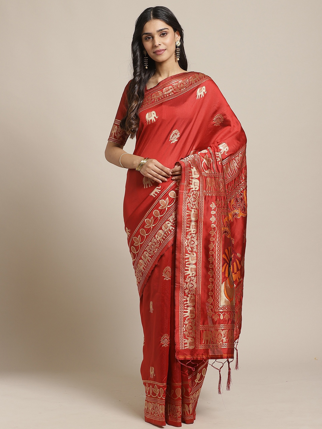 

Saree mall Maroon & Gold-Toned Woven Design Zari Silk Blend Banarasi Sarees