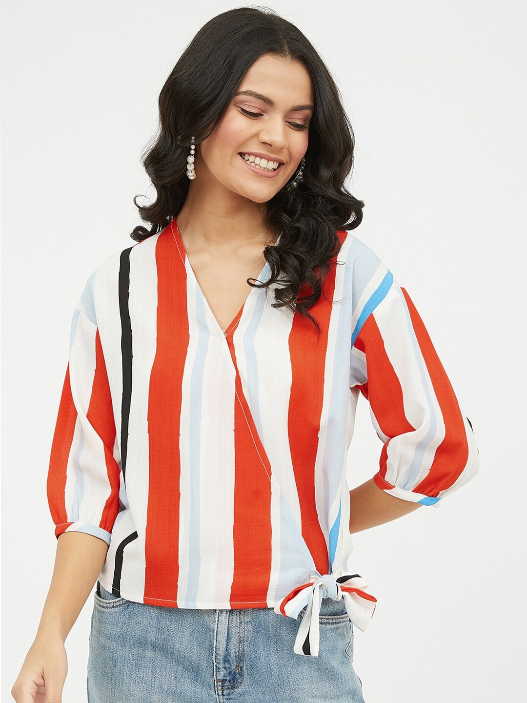 

Harpa White & Red Striped Mandarin Collar Shirt Style Top