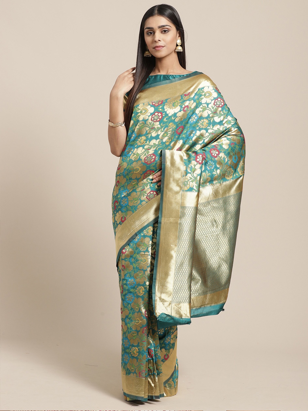 

Saree mall Teal Blue & Gold-Toned Floral Zari Silk Blend Banarasi Sarees