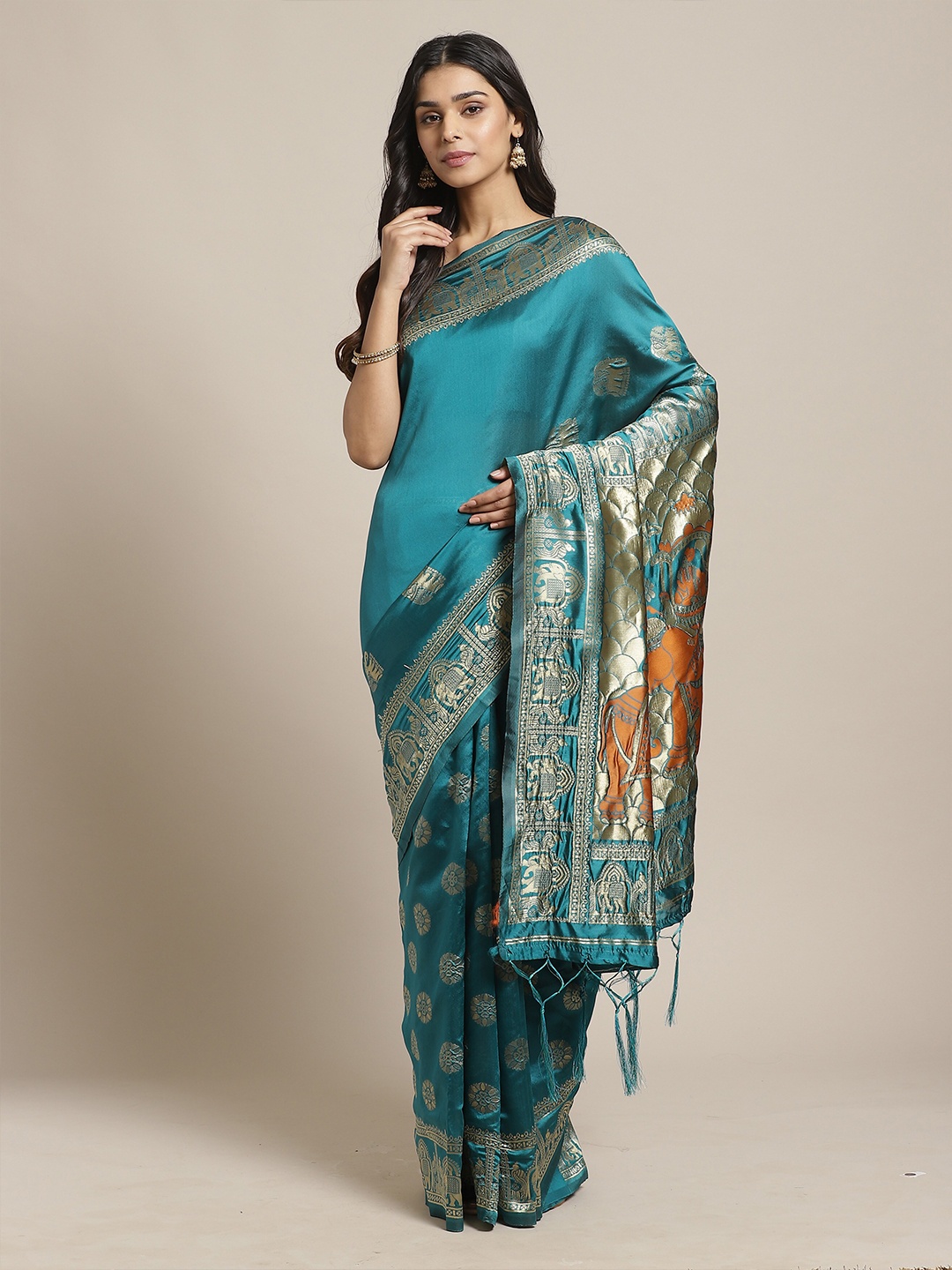 

Saree mall Teal & Orange Ethnic Motifs Zari Silk Blend Banarasi Sarees