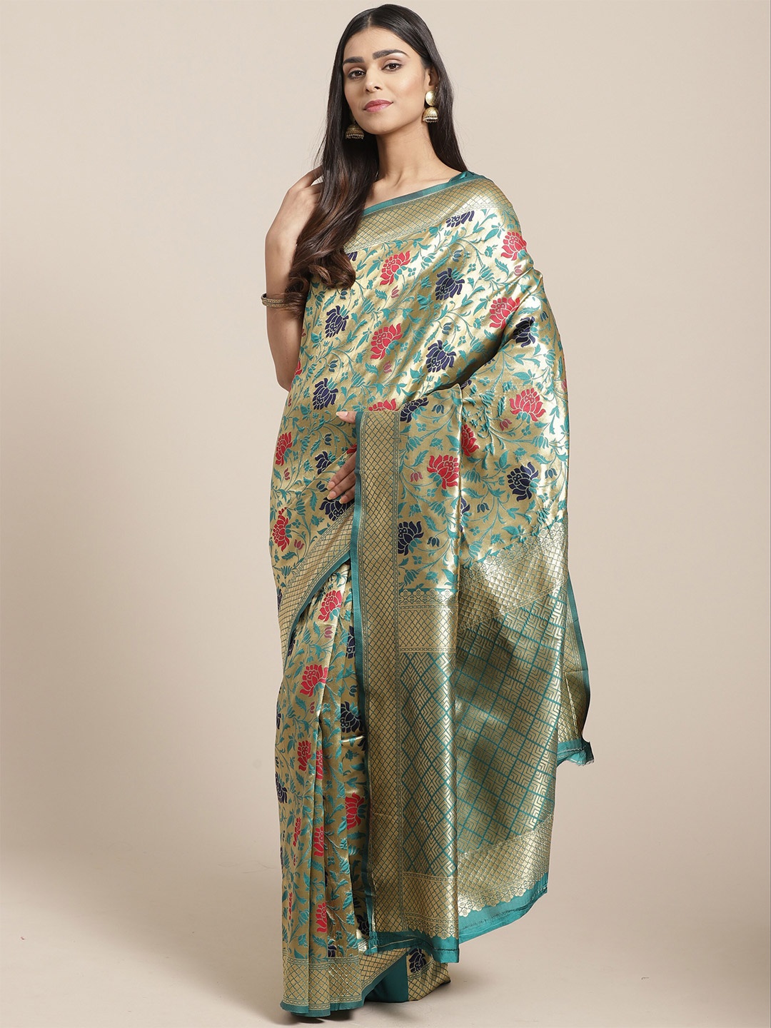 

Saree mall Green & Gold-Toned Woven Design Zari Silk Blend Sarees
