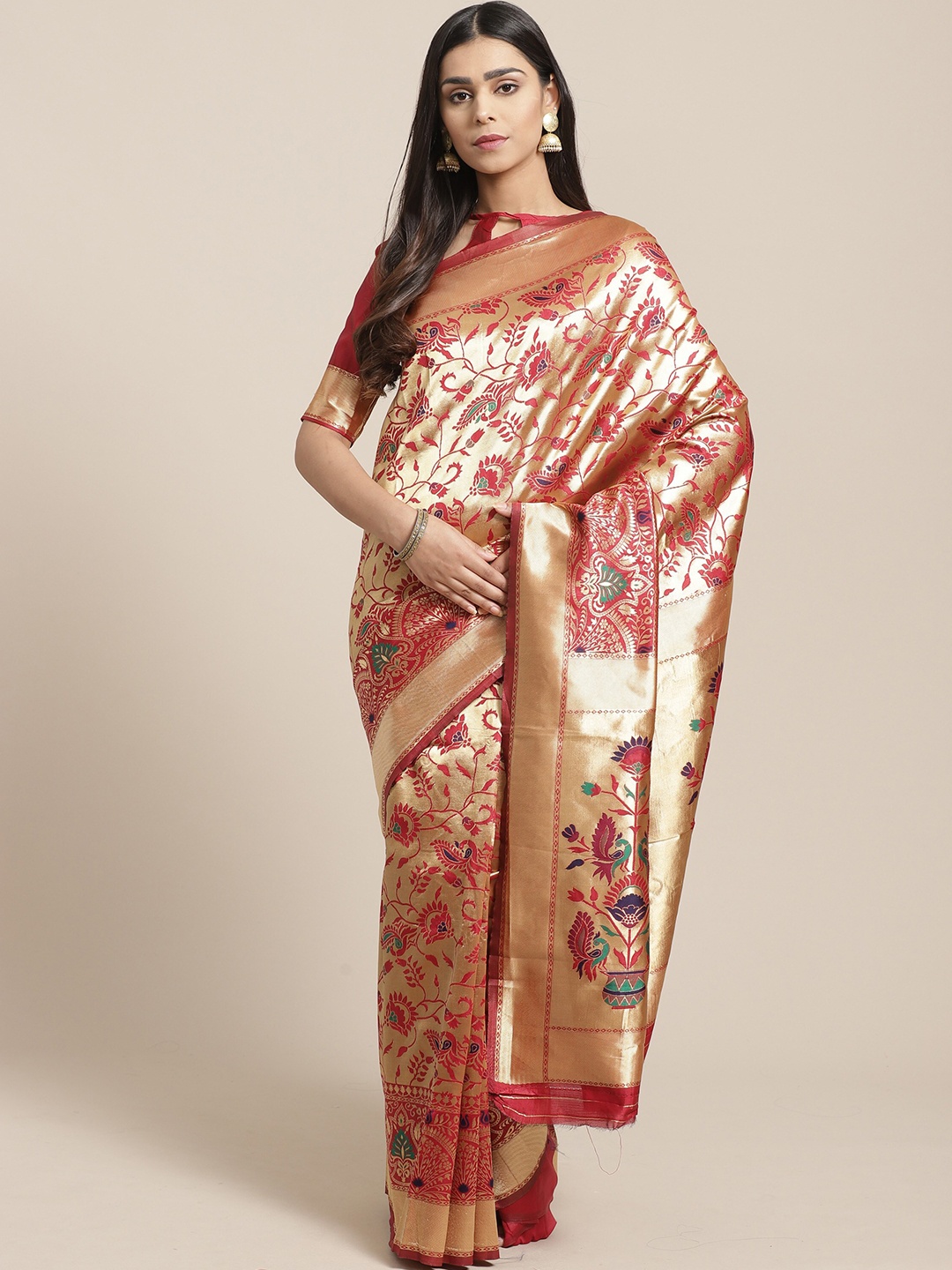 

Saree mall Red & Gold-Toned Woven Design Silk Blend Banarasi Sarees
