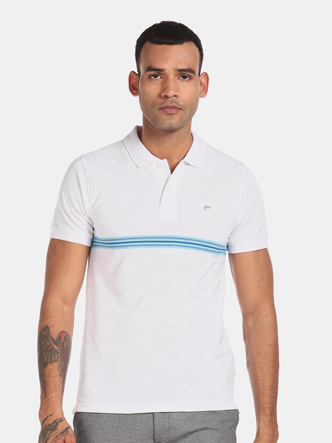 

Ruggers Men White Striped Polo Collar T-shirt