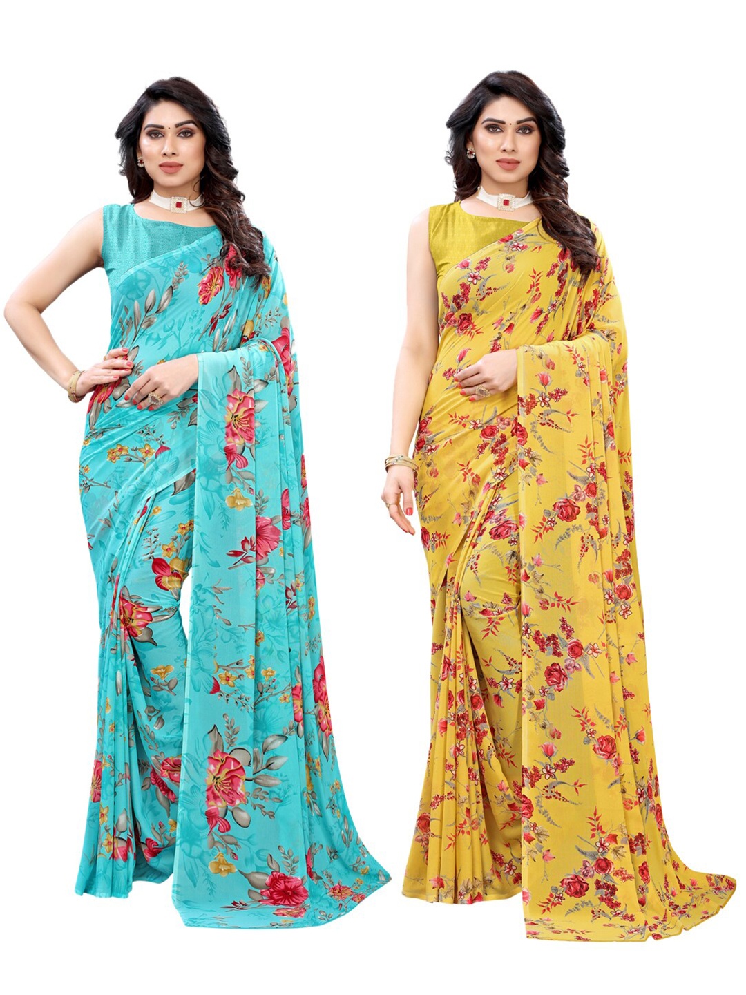 

KALINI Yellow & Blue Pack of 2 Floral Pure Georgette Saree