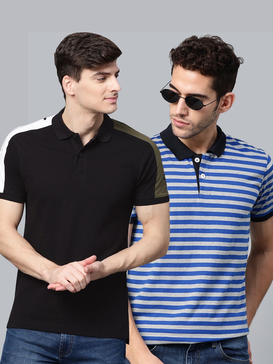 

ManQ CASUAL Men Multi 2 Striped Polo Collar Slim Fit T-shirt