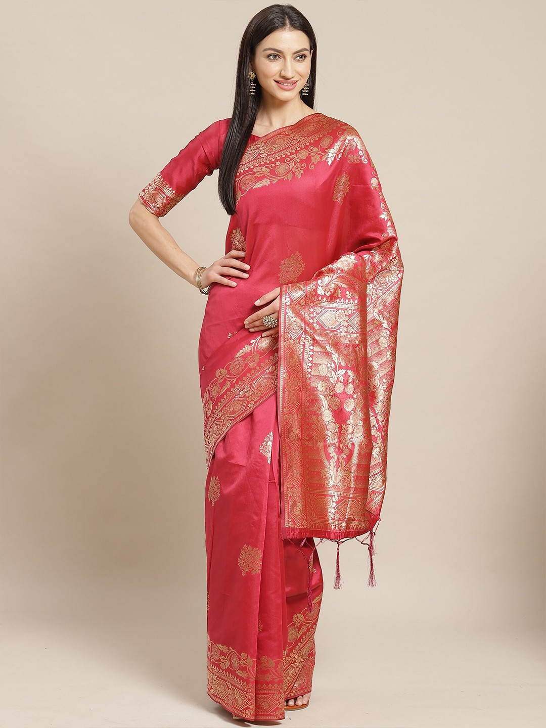 

Saree mall Pink & Gold-Toned Ethnic Motifs Silk Blend Banarasi Sarees