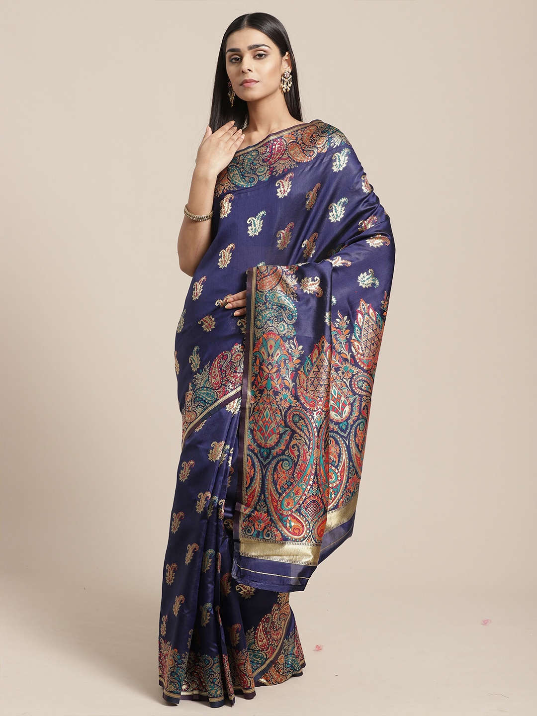 

Saree mall Navy Blue Paisley Zari Silk Blend Banarasi Sarees