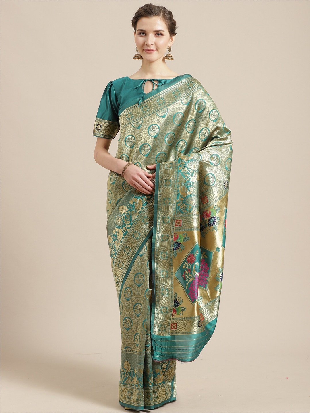 

Saree mall Green & Magenta Floral Silk Blend Heavy Work Sarees