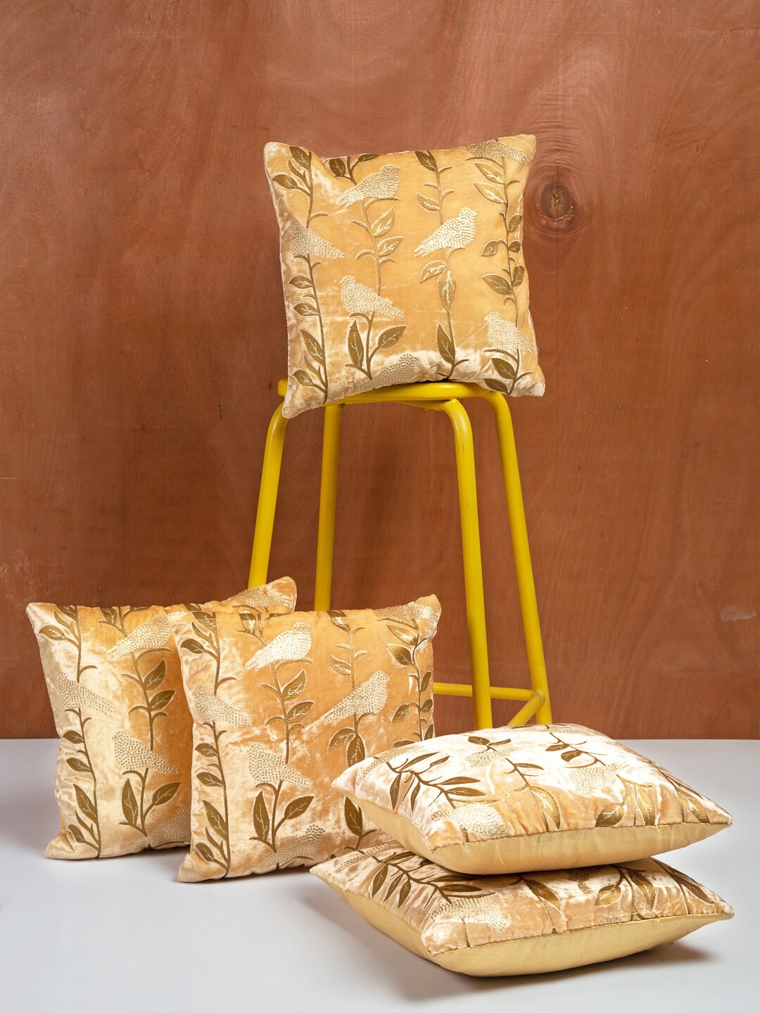 

HOSTA HOMES Set Of 5 Beige & Mustard Yellow Ethnic Motifs Velvet Square Cushion Covers
