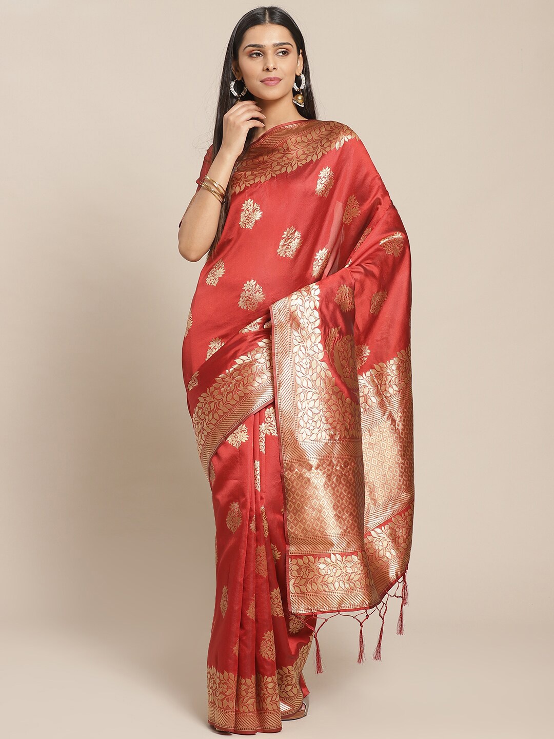 Saree mall Maroon & Gold-Toned Woven Design Silk Blend Banarasi Sarees