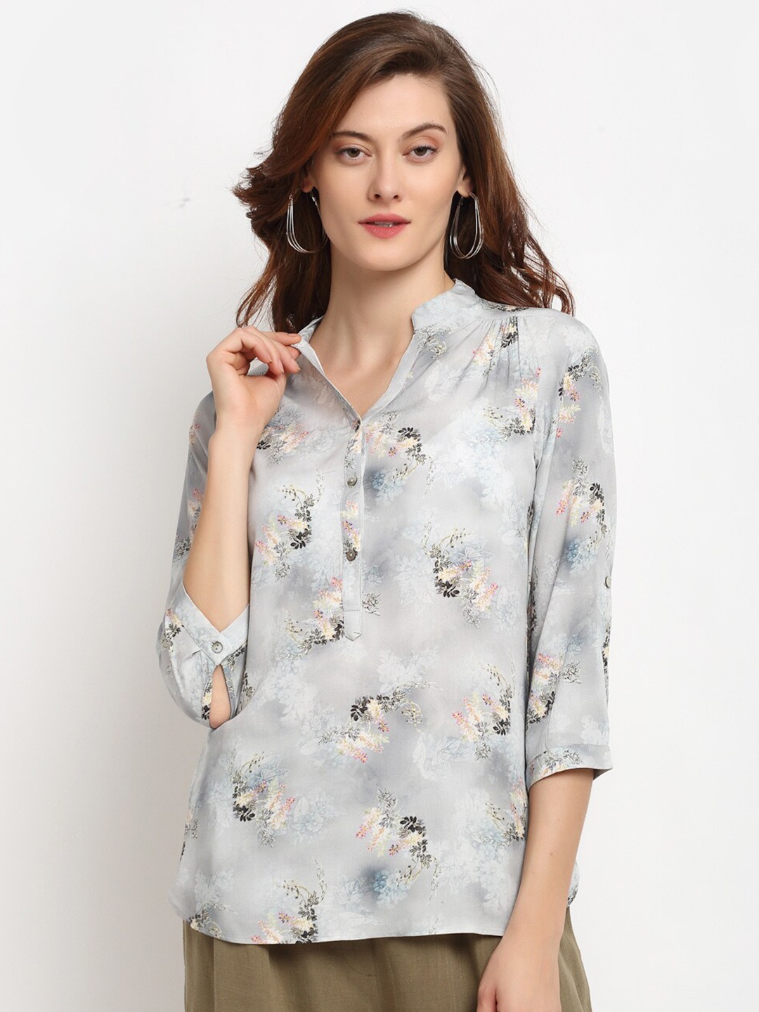 

Gipsy Grey & Peach-Coloured Viscose Rayon Mandarin Collar Printed Tunic