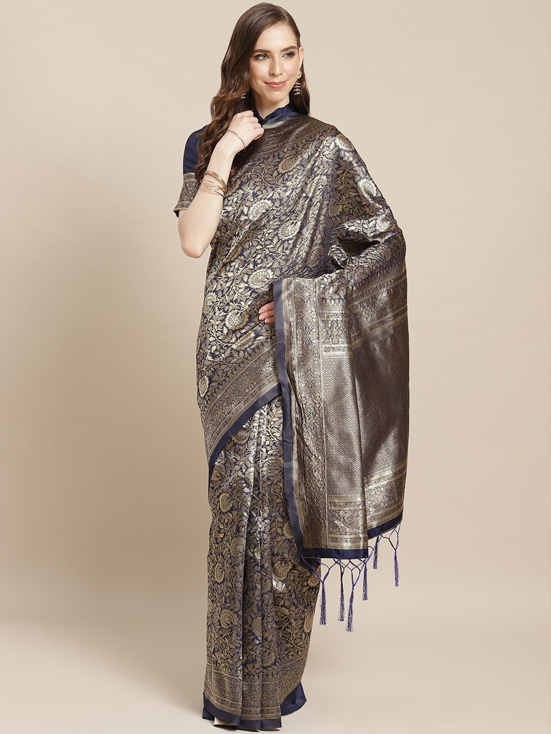 

Saree mall Navy Blue & Gold-Toned Woven Design Zari Silk Blend Banarasi Sarees