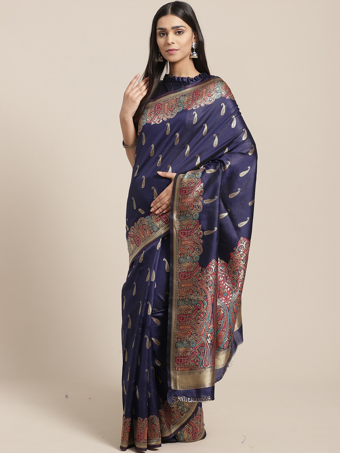 

Saree mall Navy Blue & Beige Paisley Zari Silk Blend Sarees