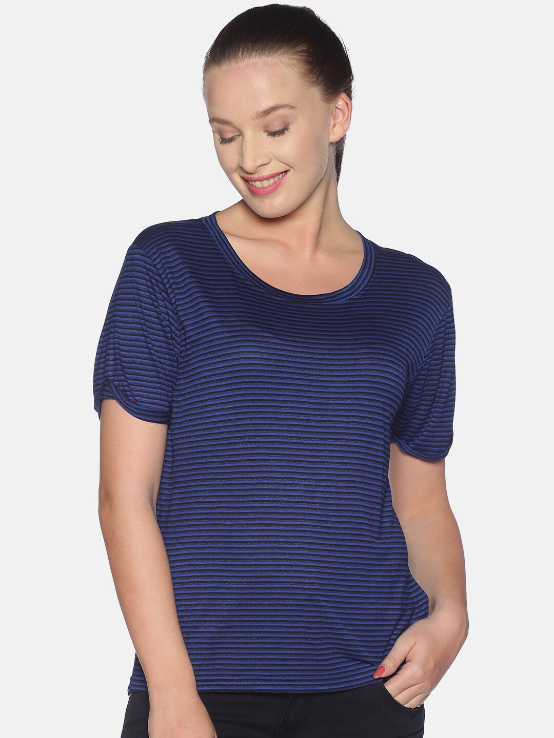 Campus Sutra Women Navy Blue Striped Regular Top