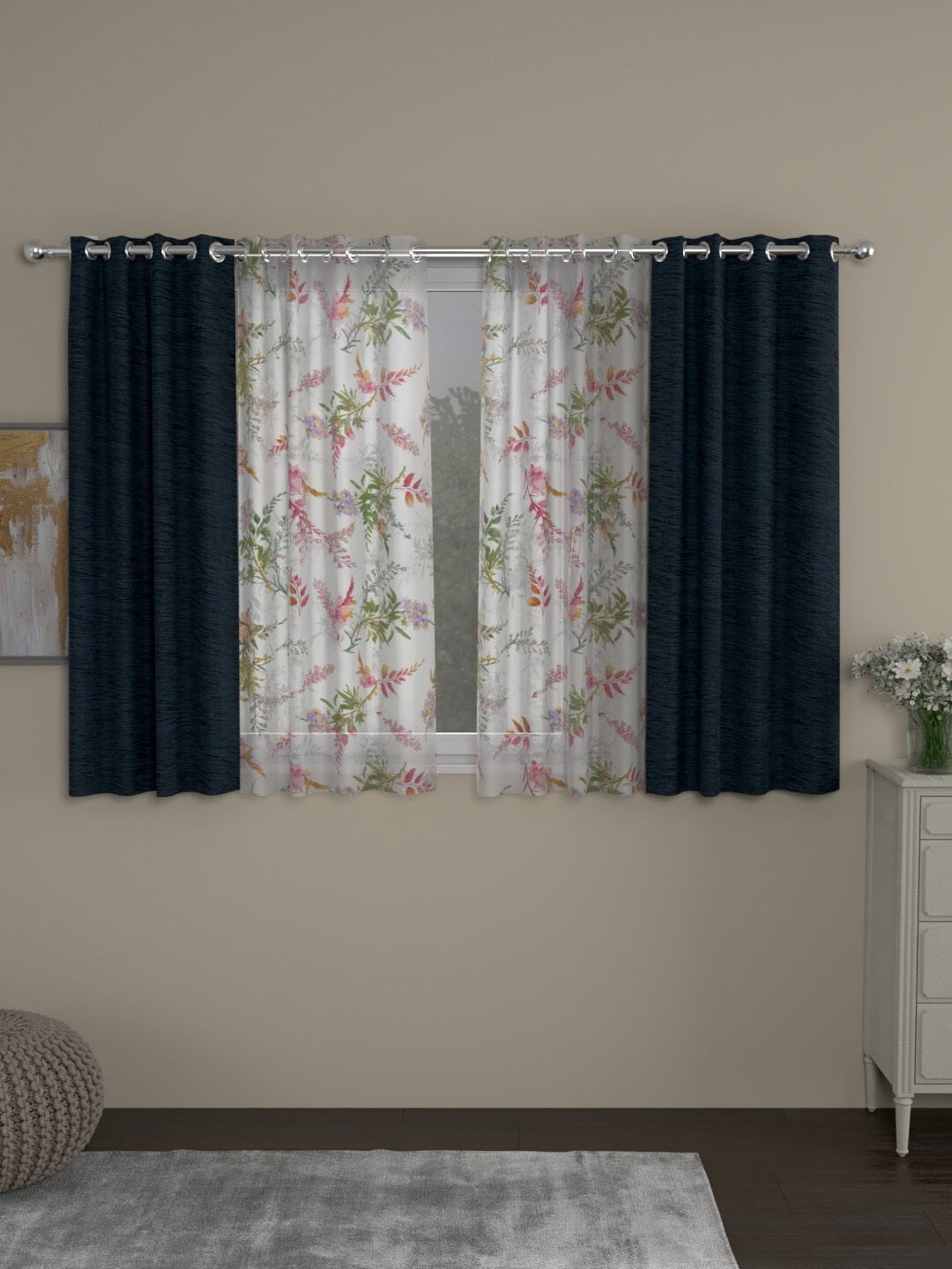 

ROSARA HOME Navy Blue & White Set of 4 Room Darkening Window Curtain