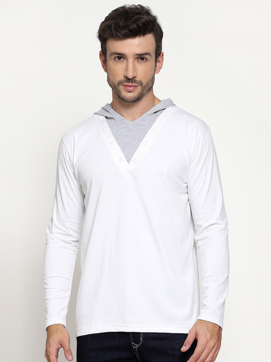 

PAUSE SPORT Men White V-Neck Raw Edge T-shirt