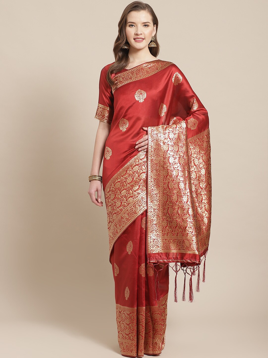 

Saree mall Maroon & Gold-Toned Floral Silk Blend Banarasi Sarees