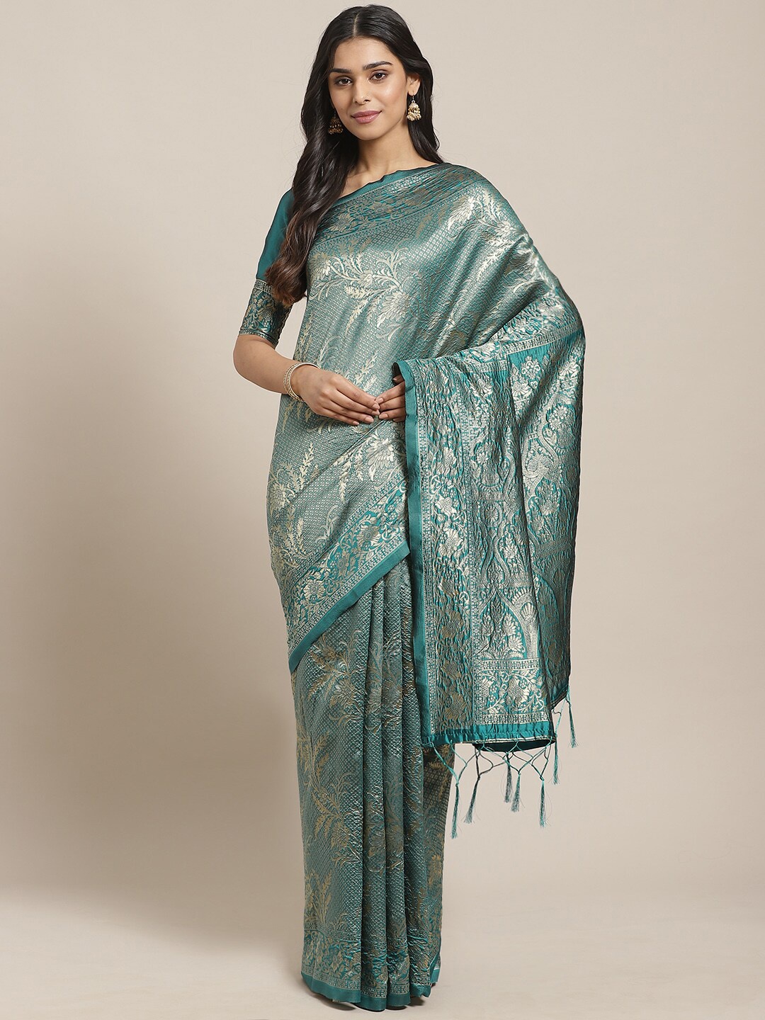 

Saree mall Teal & Silver-Toned Floral Silk Blend Heavy Work Banarasi Sarees