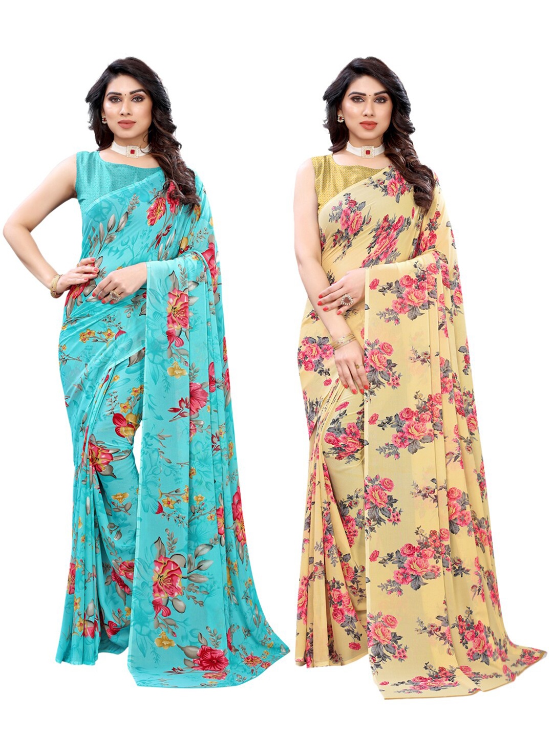 

KALINI Pack of 2 Floral Pure Georgette Saree, Blue