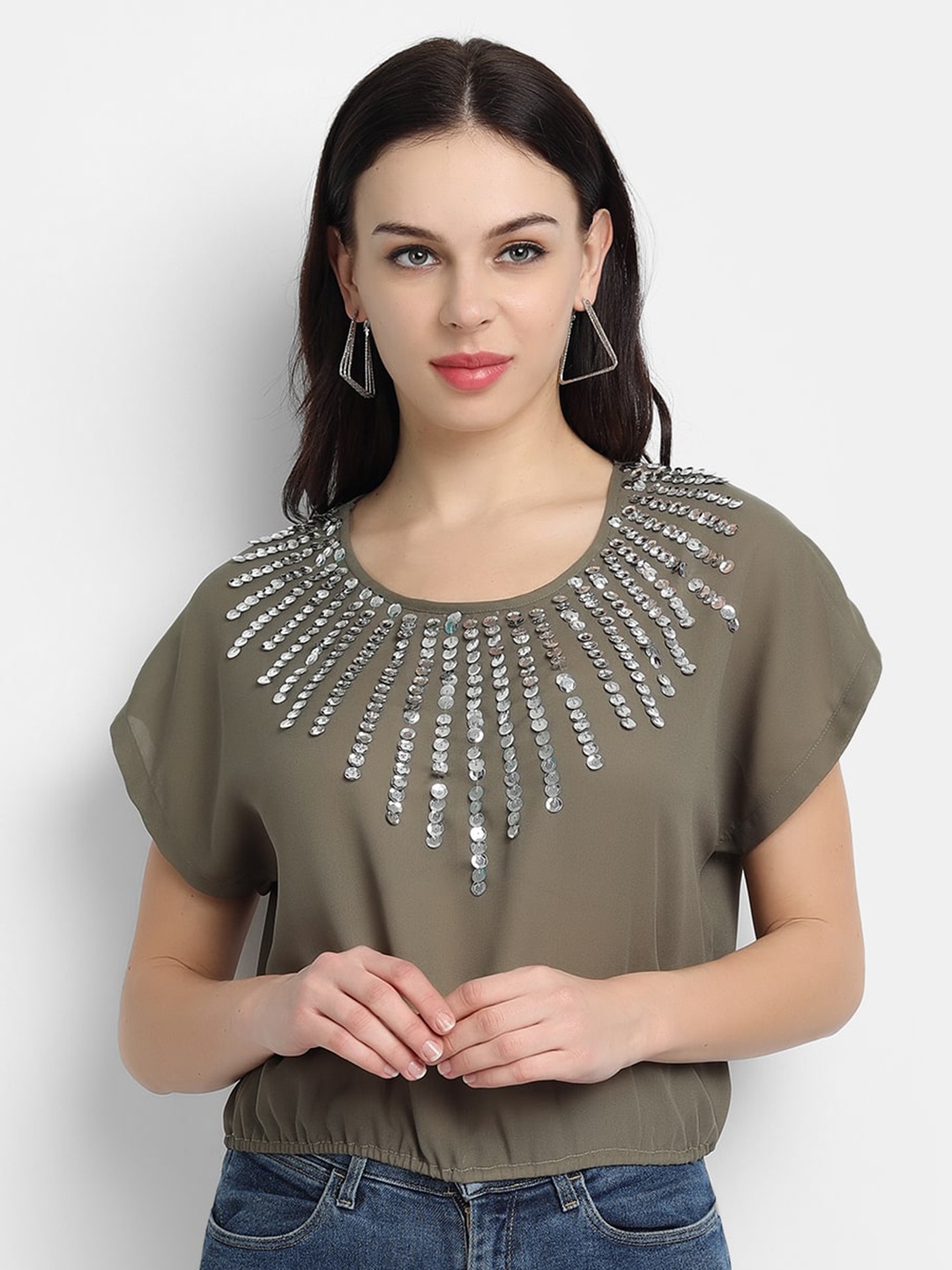 

LY2 Women Green Embellished Extended Sleeves Georgette Blouson Top