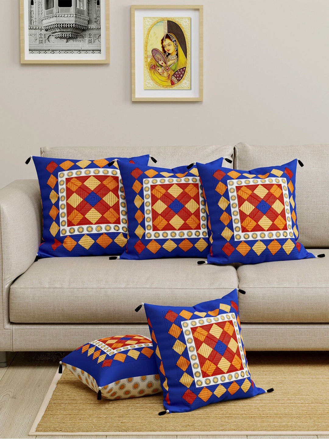 LIVING ROOTS Blue & Red Set of 5 Ethnic Motifs Square Cushion Covers