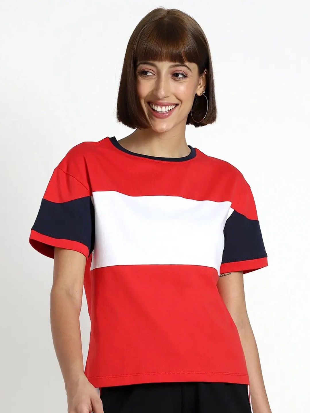

Bewakoof Red & White Colourblocked Regular Fit Top