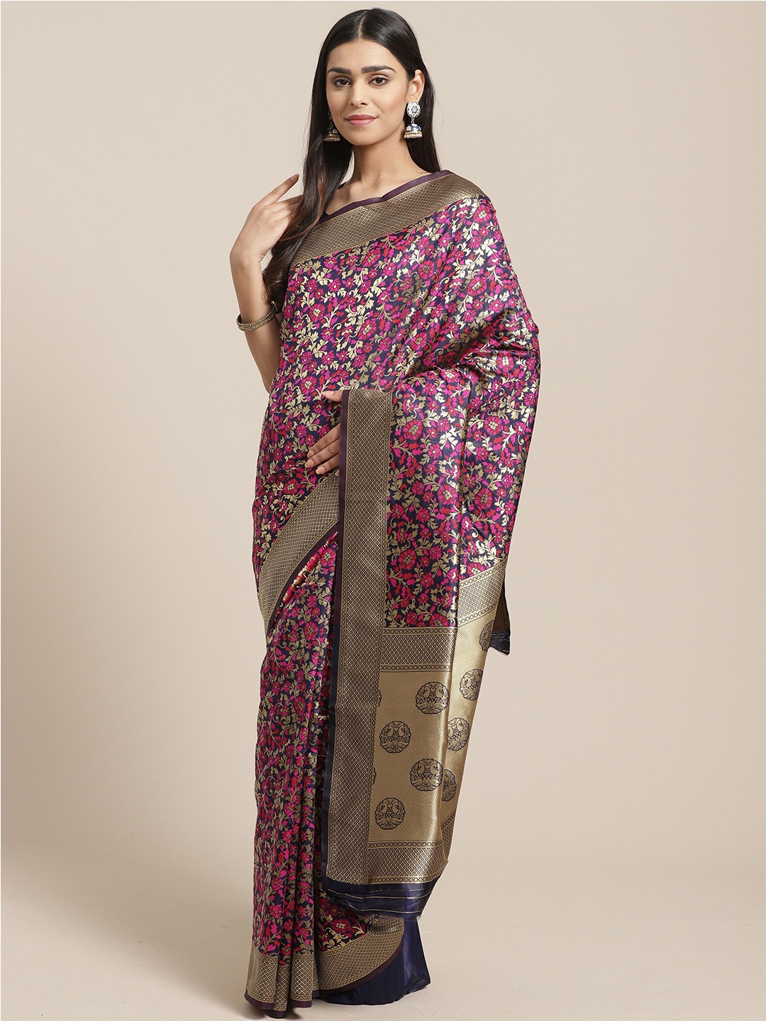 

Saree mall Navy Blue & Gold-Toned Floral Zari Silk Blend Sarees