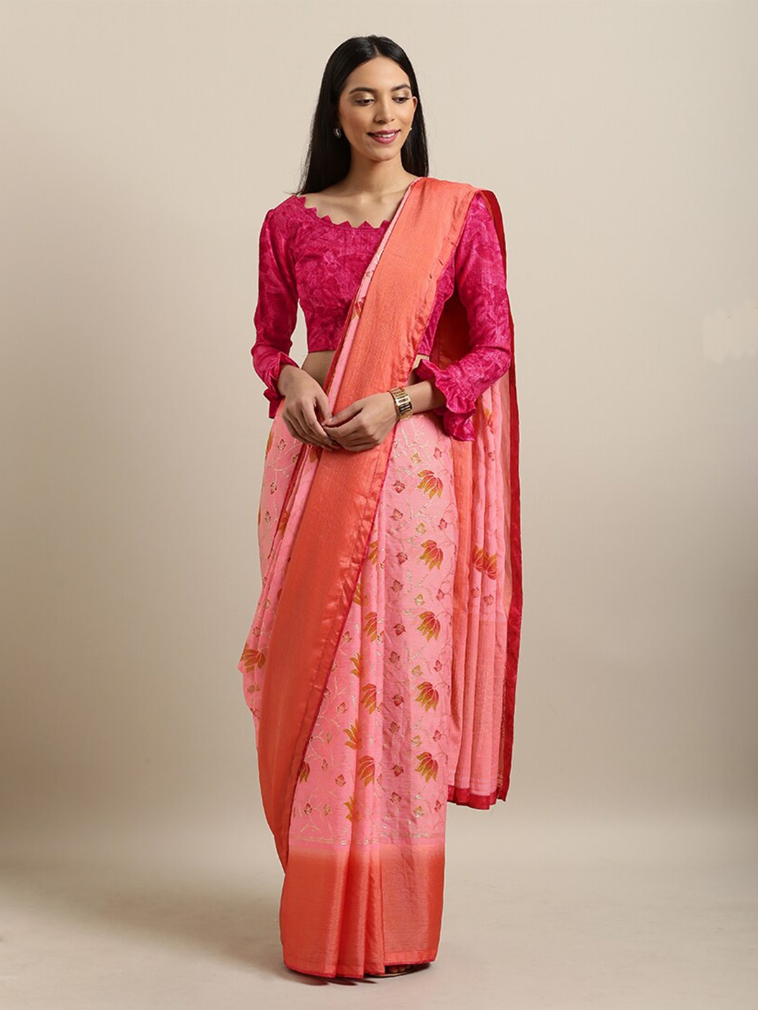 

Kvsfab Peach & Mustard Floral Chiffon Saree