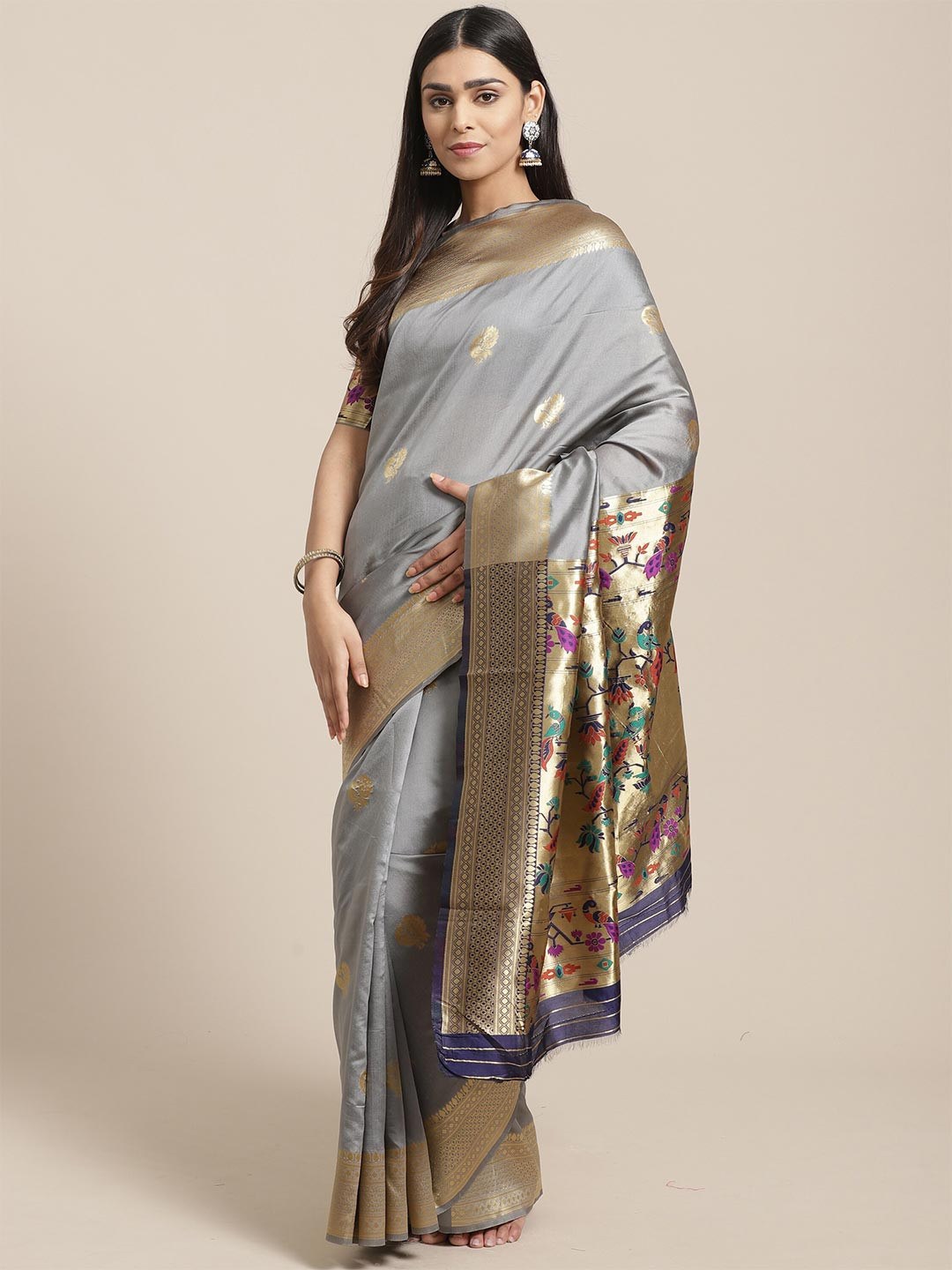 

Saree mall Grey & Gold Ethnic Motifs Silk Blend Sarees