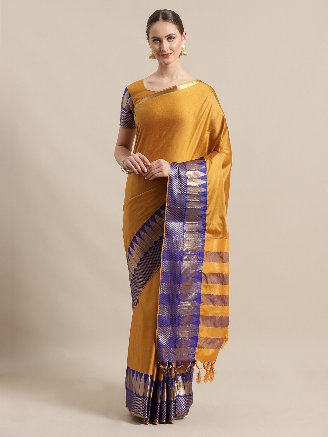 Saree mall Yellow & Navy Blue Silk Blend Sarees