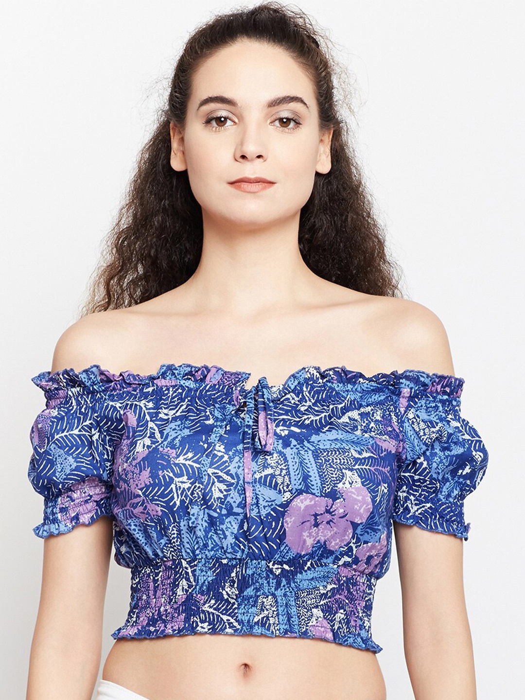

Oxolloxo Women Blue Floral Off-Shoulder Bardot Crop Top