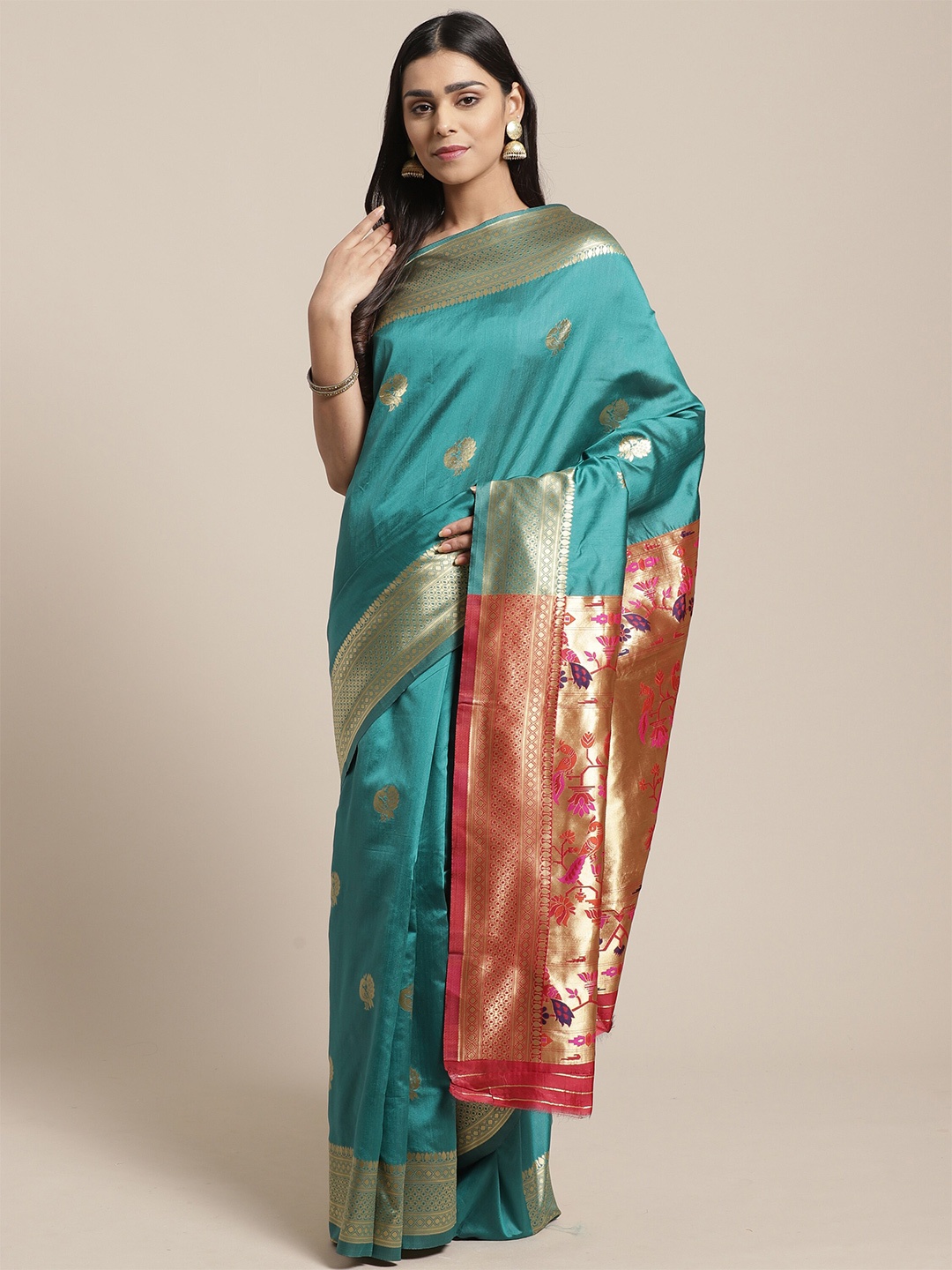 

Saree mall Green & Red Warli Zari Silk Blend Heavy Work Banarasi Sarees
