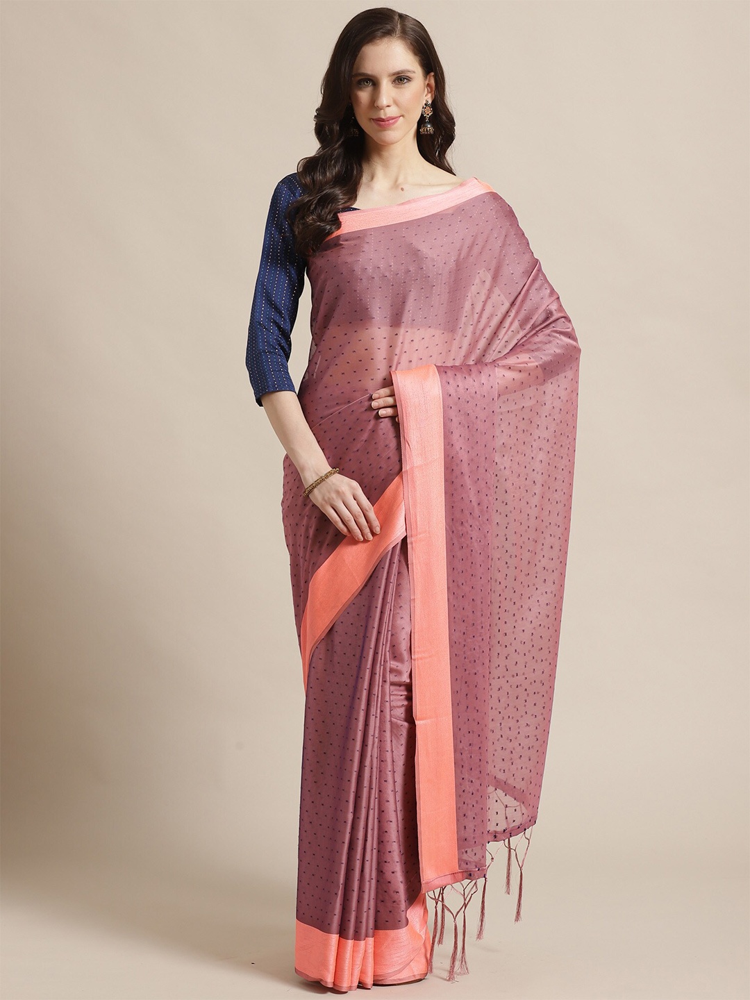 Saree mall Pink & Navy Blue Woven Design Sarees