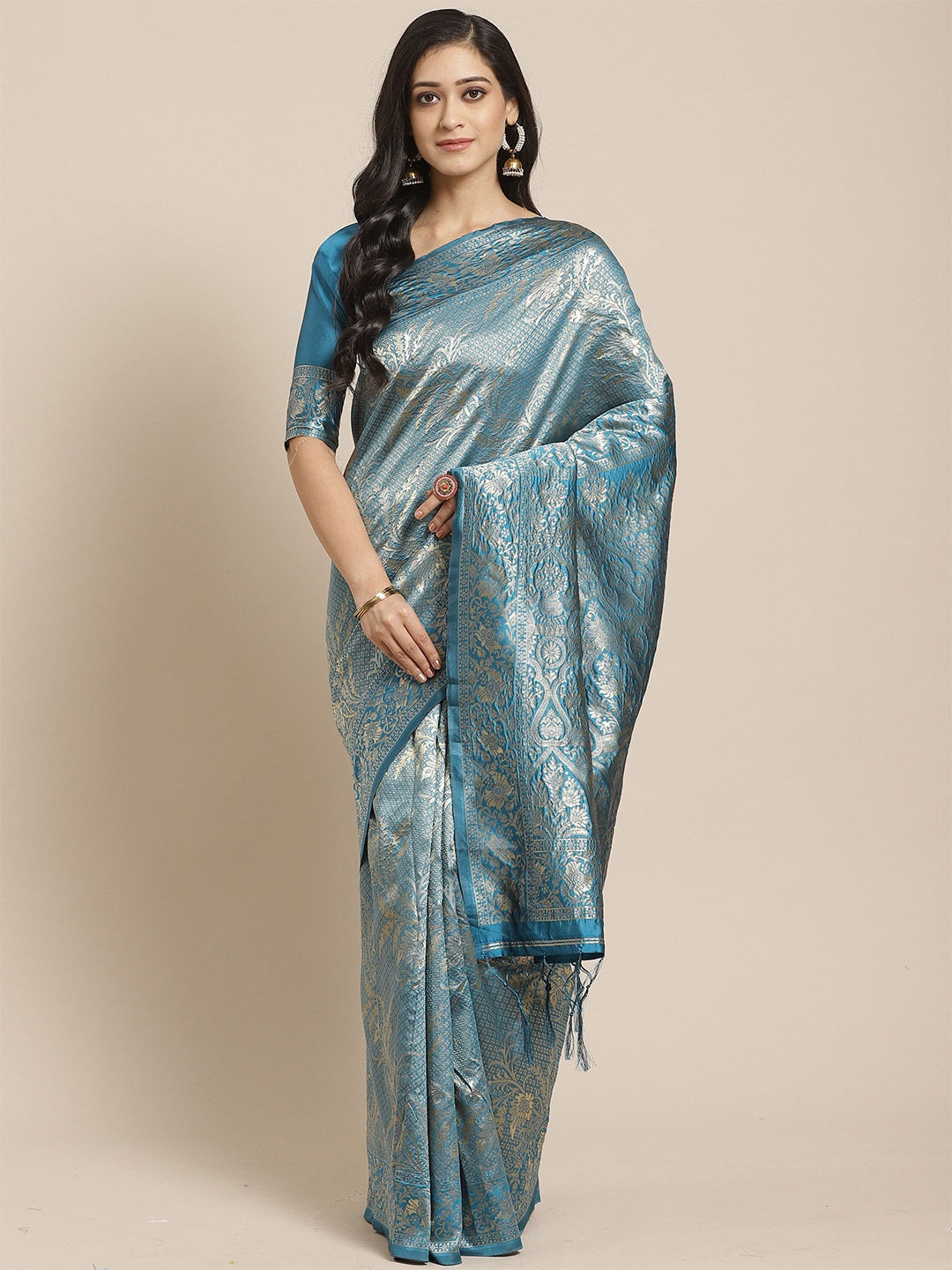

Saree mall Teal & Silver-Toned Woven Design Silk Blend Banarasi Sarees