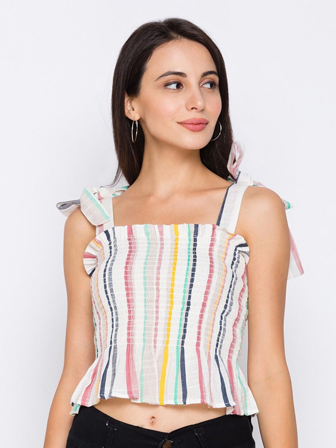 

Globus Women Off White & Blue Striped Regular Crop Top