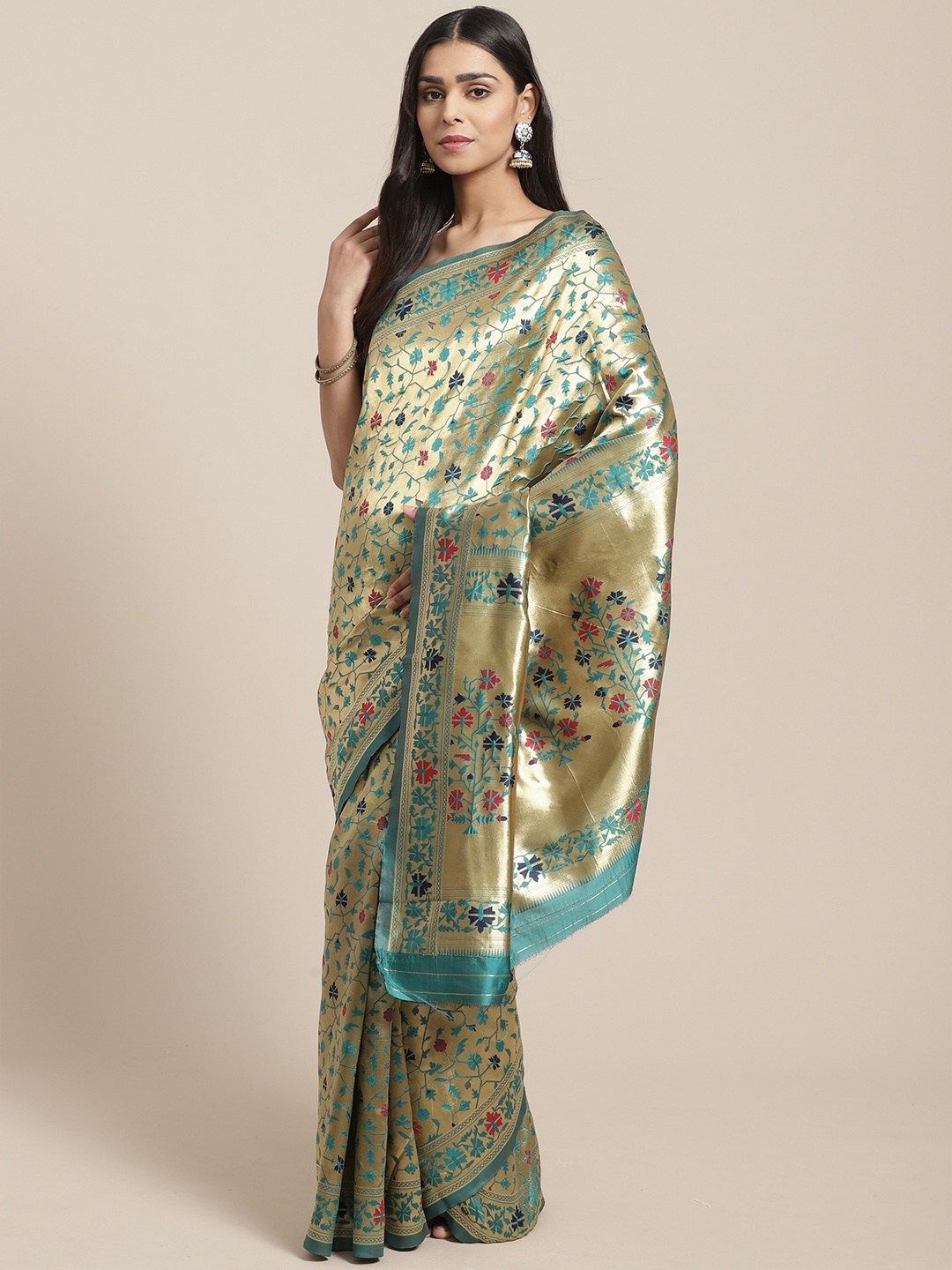

Saree mall Green & Gold-Toned Floral Zari Silk Blend Sarees