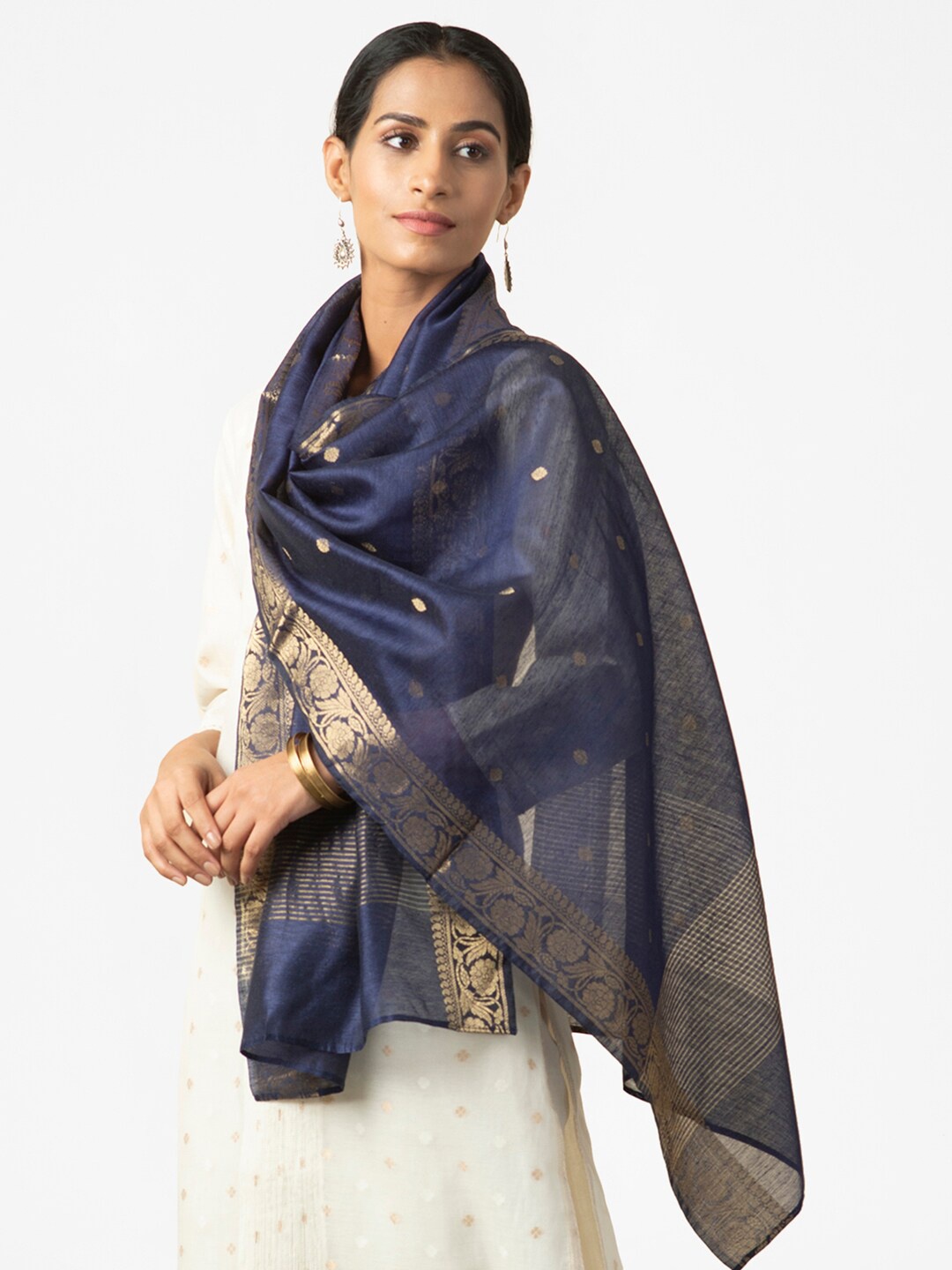

Fabindia Women Navy Blue & Gold-Toned Woven Design Silk Stole